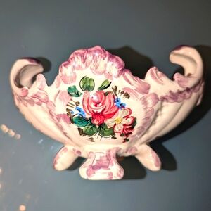 Victorian Italian Hand Painted Footed Ceramic Boat Dish - Vintage